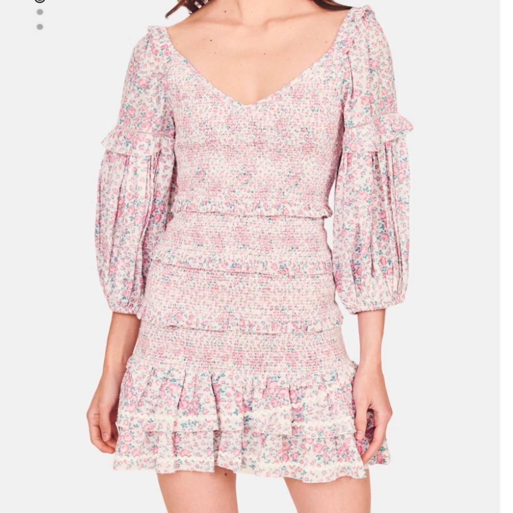 LOVESHACKFANCY Pink Ensley Floral Smocked Mini Dress